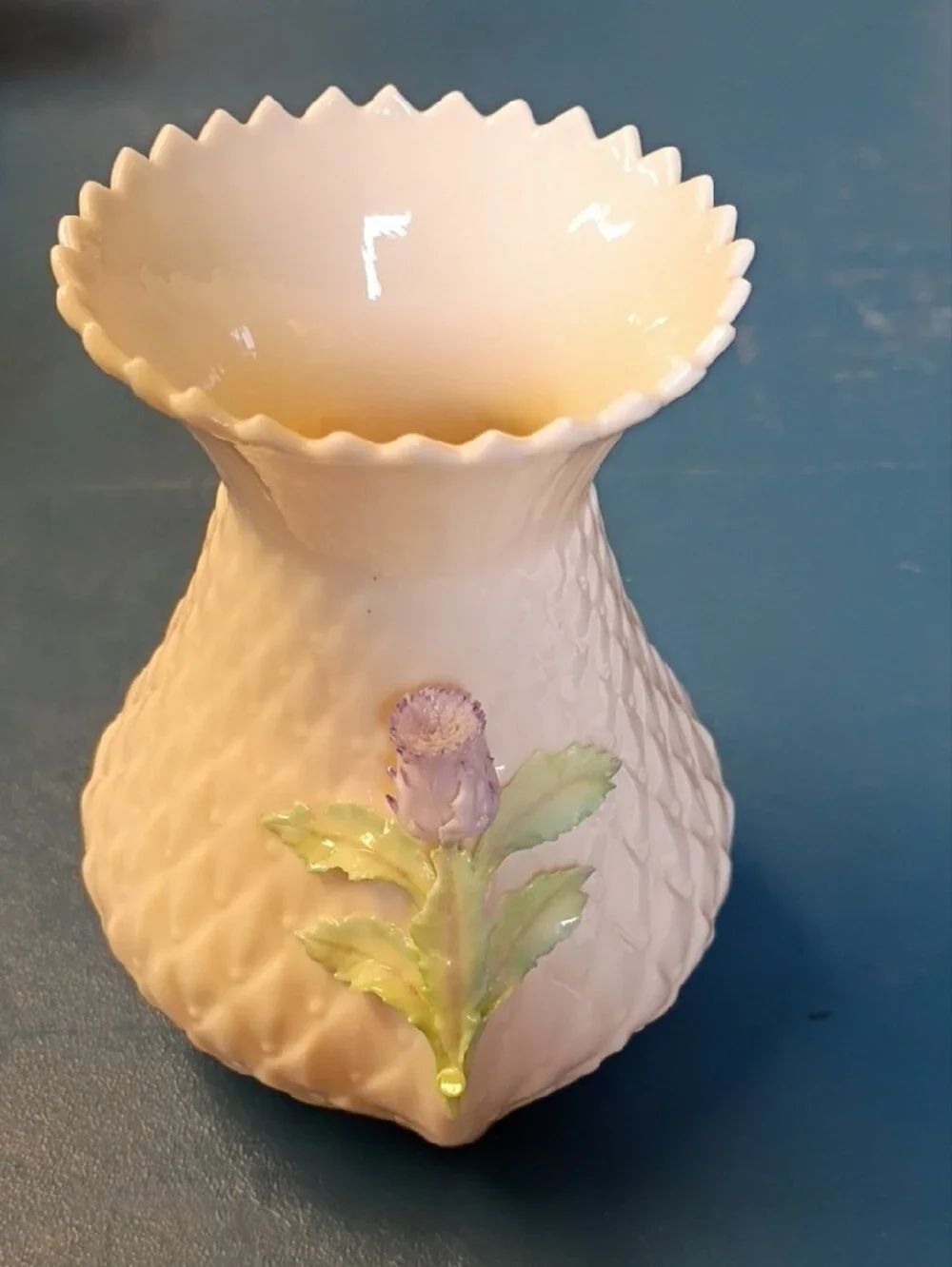 Belleek PotteryCream-White Porcelain Vase with Pastel Floral Appliqués